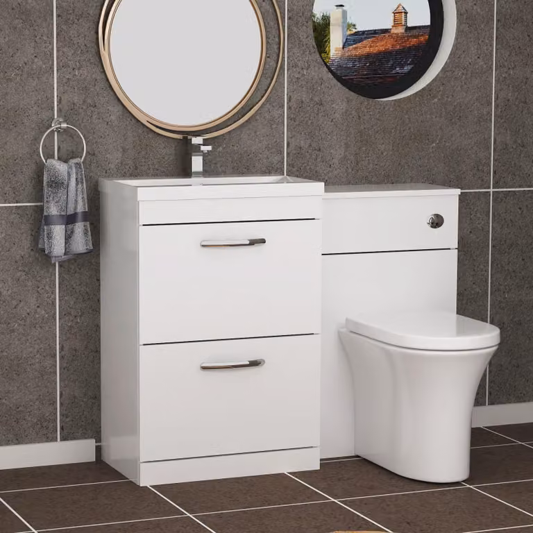 Royal Bathrooms Gloss White 2 Drawer Vanity Unit with Mid Edge Basin and Breeze Back to Wall Toilet, Width: 110 cm