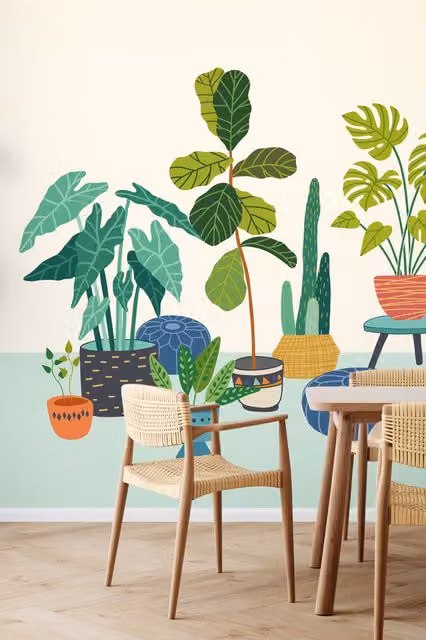 Origin Murals Houseplants Pots Floral Wall Mural in Blue and Multicolour, W: 350 cm, H: 280 cm