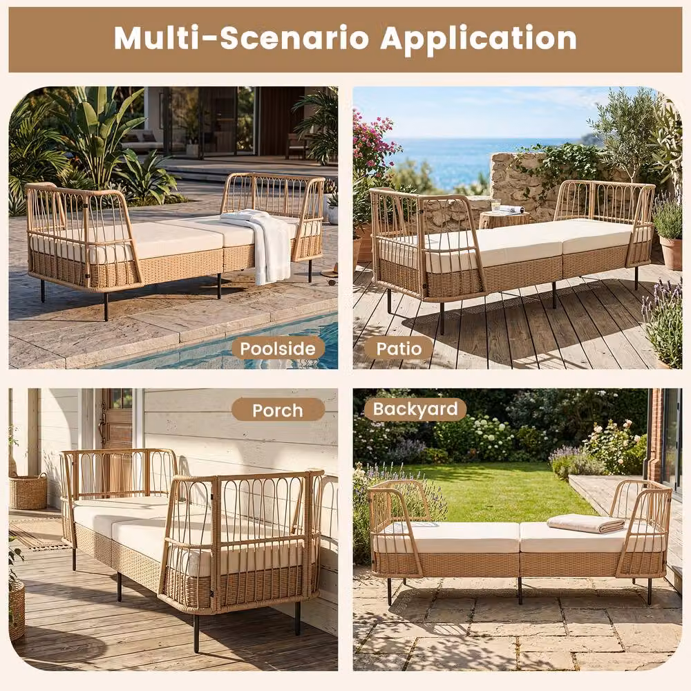 Costway Outdoor PE Wicker Daybed with Soft Padded Sponge and Zippered Cushions in Beige – 8