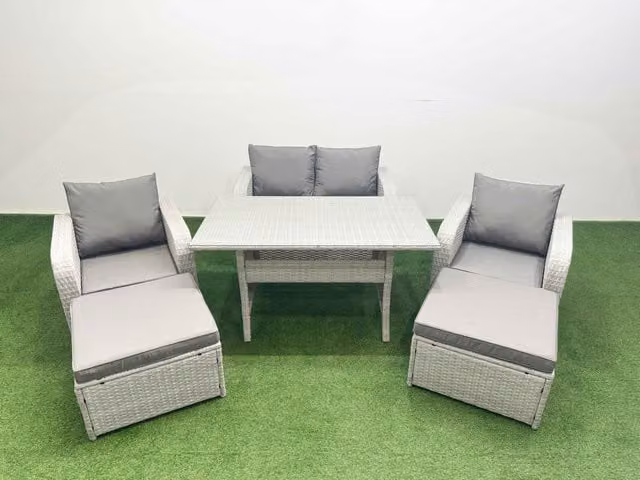 Fimous 6 Seater Light Grey PE Wicker Rattan Garden Furniture Set with Rectangular Dining Table, Reclining Chairs and 2 Stools