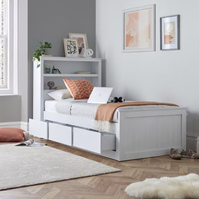Bedmaster Enzo White Wooden 3 Drawer Storage Bookcase Bed with Spring Mattress