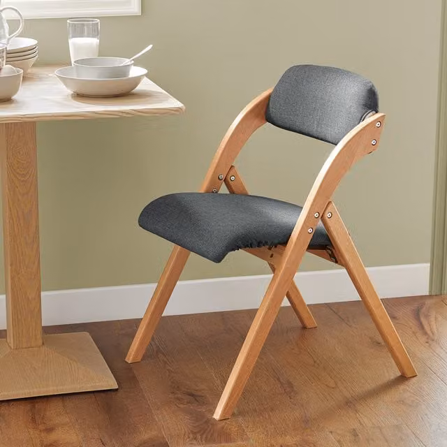 SoBuy Modern Lacquered Beech Folding Wooden Chair with Grey Fabric Upholstery in Brown