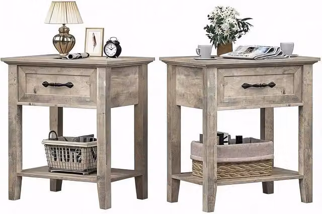 London Boutique Set of 2 Modern Grey Wooden Bedside Tables with Drawer and Shelf – 1