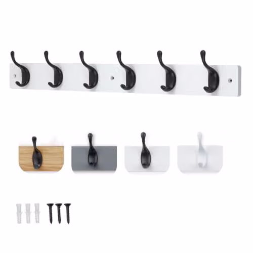 keypak Modern Wall Mounted Coat Rack with 6 Matte Black Metal Hooks on a White Wood Base