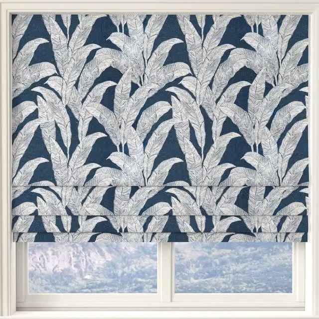 Linda Barker Evergreen Leaf Made to Measure Blackout Roman Blind in Blue