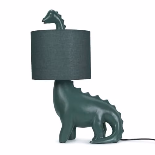 ValueLights Green Dinosaur Kids Table Lamp with Fabric Drum Shade