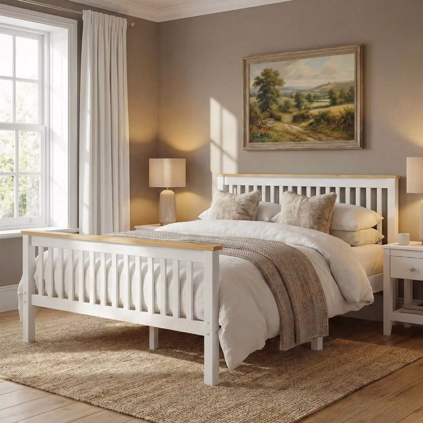 DHS Solid Wood Double Bed Frame in White and Grey Lacquered Pine, W/D/H: 140 x 200 x 82 cm