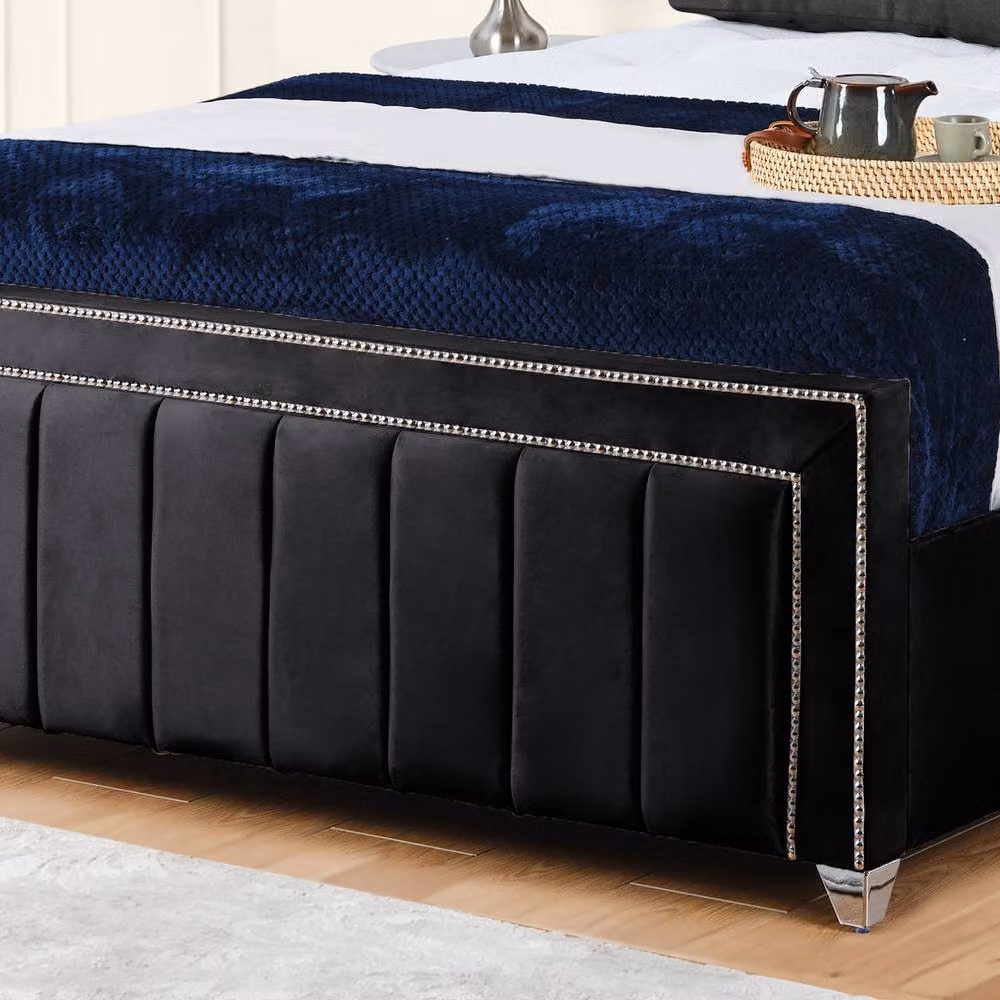 UK Bed Furniture Fiona Black Velvet Upholstered Slatted Base Bed with 48 Inch Headboard, Size: 200 x 200 cm – 3