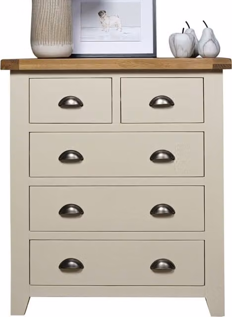 Elm Home And Garden Classic Lacquered Oak 2 Over 3 Chest of Drawers in White and Beige