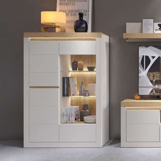 Furniture To Go Naxxar Display Cabinet with 2 Glass Doors in Cashmere and Stone Oak
