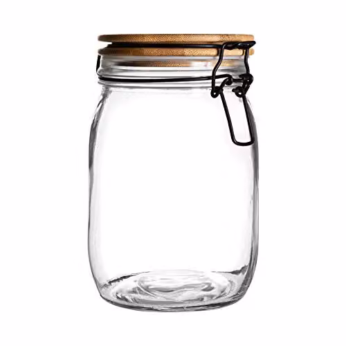Argon Tableware Transparent Glass Storage Jar with Airtight Wooden Clip Lid, 1 l