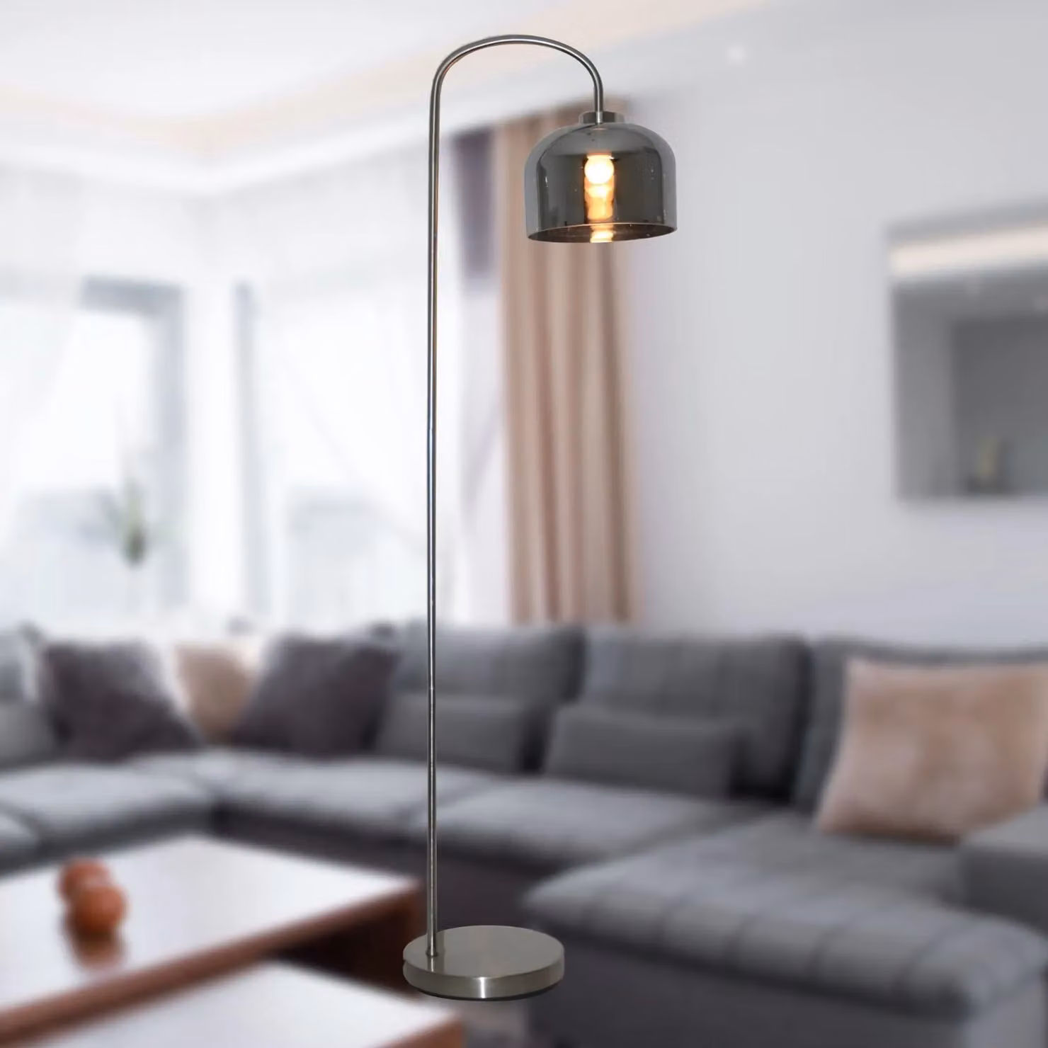 First Choice Lighting Francine Silver Arched Floor Lamp with Smoke Grey Glass Shade – 2