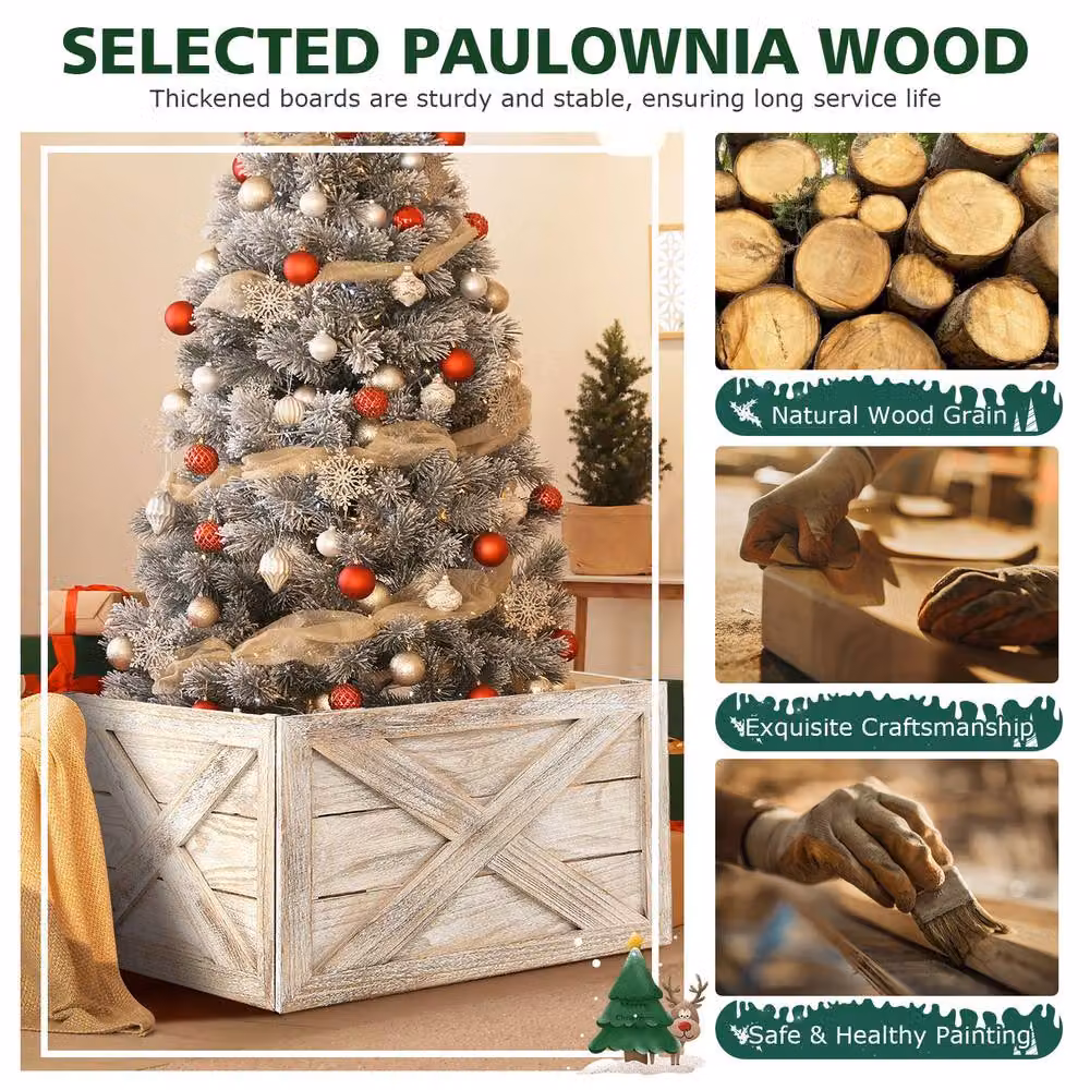 Gymax Solid Wood Vintage Christmas Tree Collar Box in Light Brown – 5