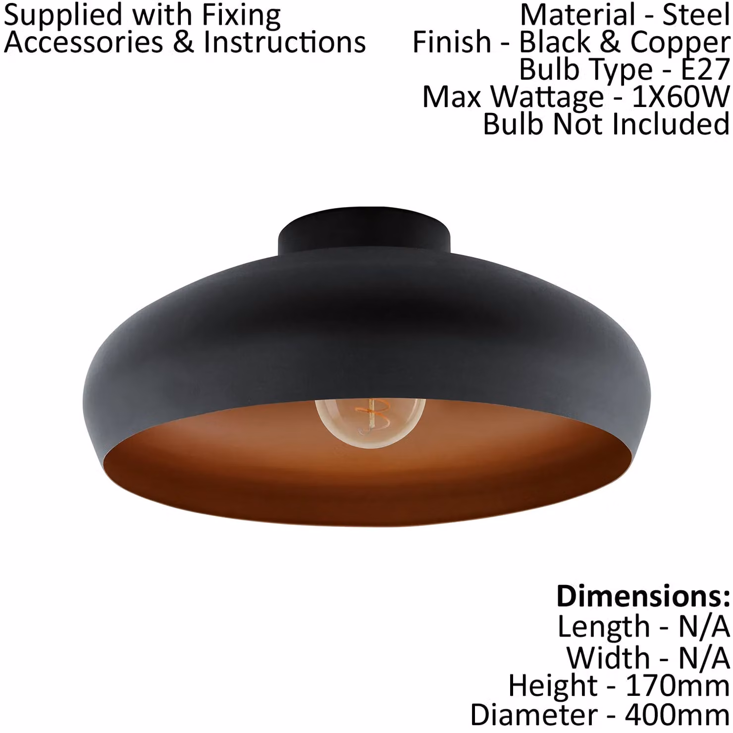 Loops Semi Flush Round Ceiling Light in Black and Copper with E27 Bulb Holder – 2