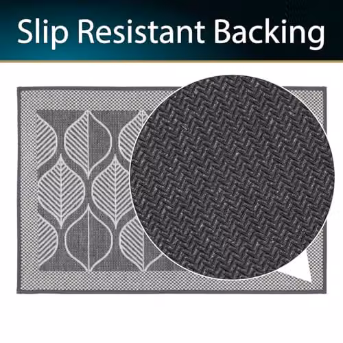 JVL Expression Machine Washable Non-Slip Entrance Doormat and Runner Set in Grey and White with Leaves Design – 4