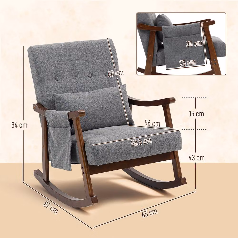 STILVORA Mid-Century Rocking Chair with Armrests and Side Pocket in Grey Fabric and Rubberwood Frame – 3