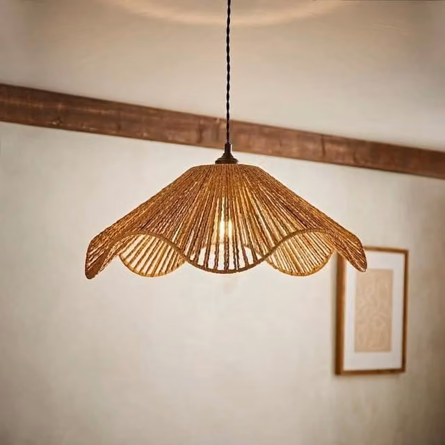 FORGEVIO Natural Rattan and Rope Wave Pendant Light in Brown with Bulb Included – 1