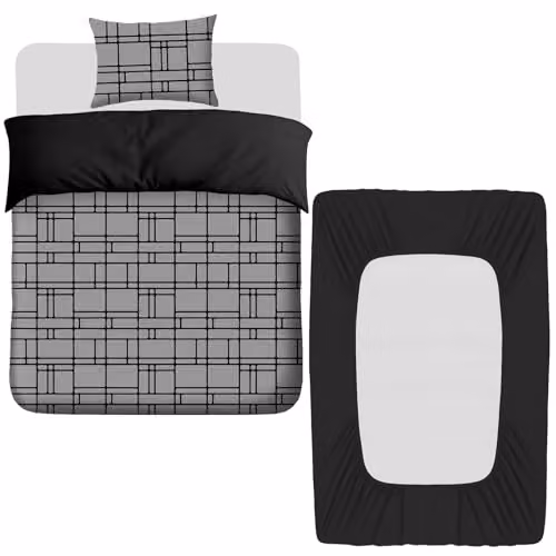 Pamposh 3 Piece Single Duvet Cover Set with Matching Black Fitted Sheet, Reversible Breathable Microfibre Bedding Set, Duvet Cover 135 x 200 cm, Pillowcase 50 x 75 cm, Fitted Sheet 90 x 190 cm – 1