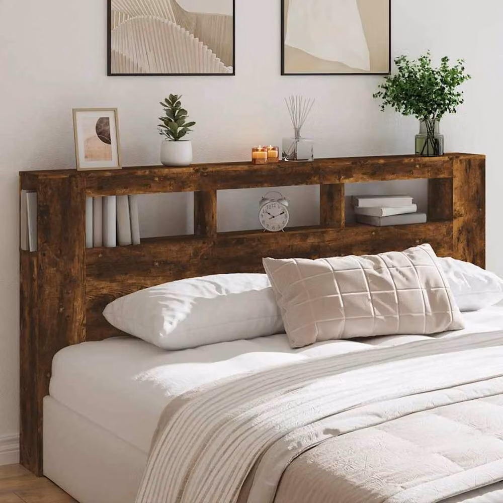 Berkfield Home Modern Smoked Oak LED Headboard in Brown with Integrated Shelf and USB Charging Port, Width: 200 cm – 2