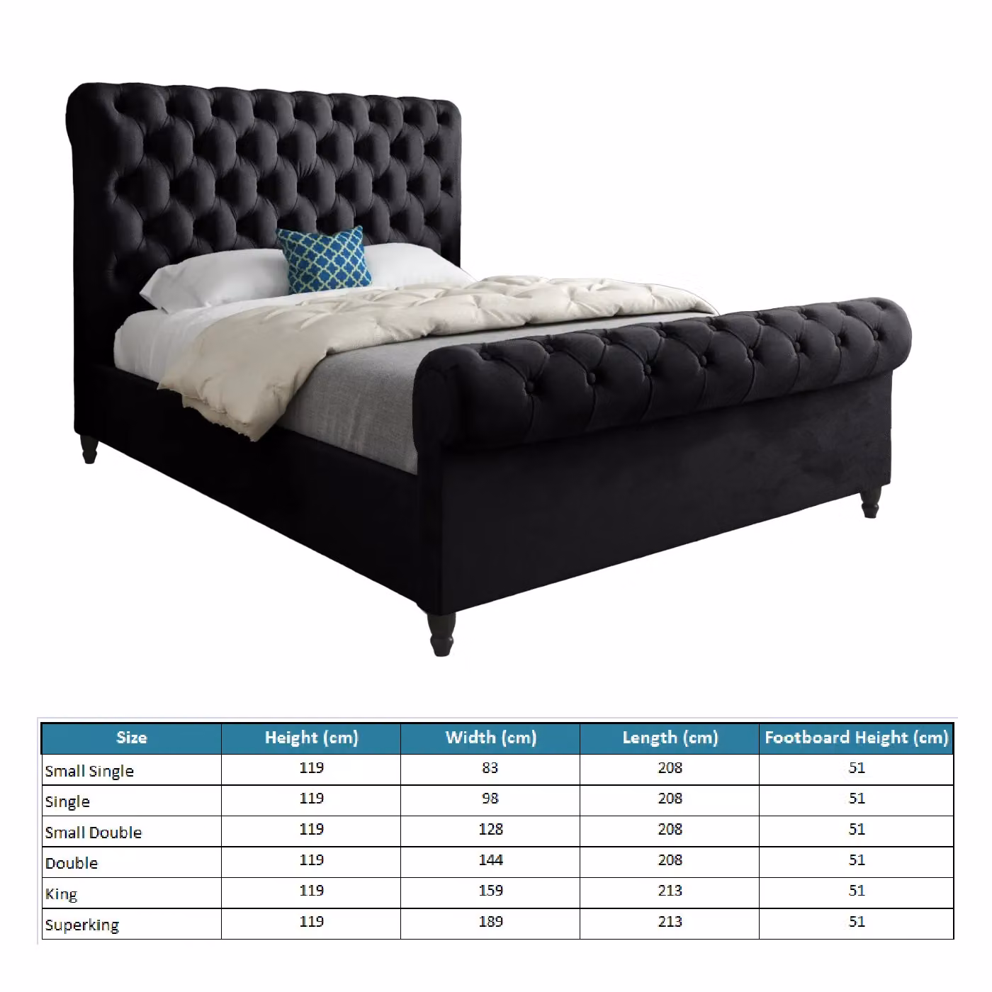 Casani Classic Upholstered Velvet Bed Frame in Black, W/D/H: 200 x 189 x 119 cm – 5