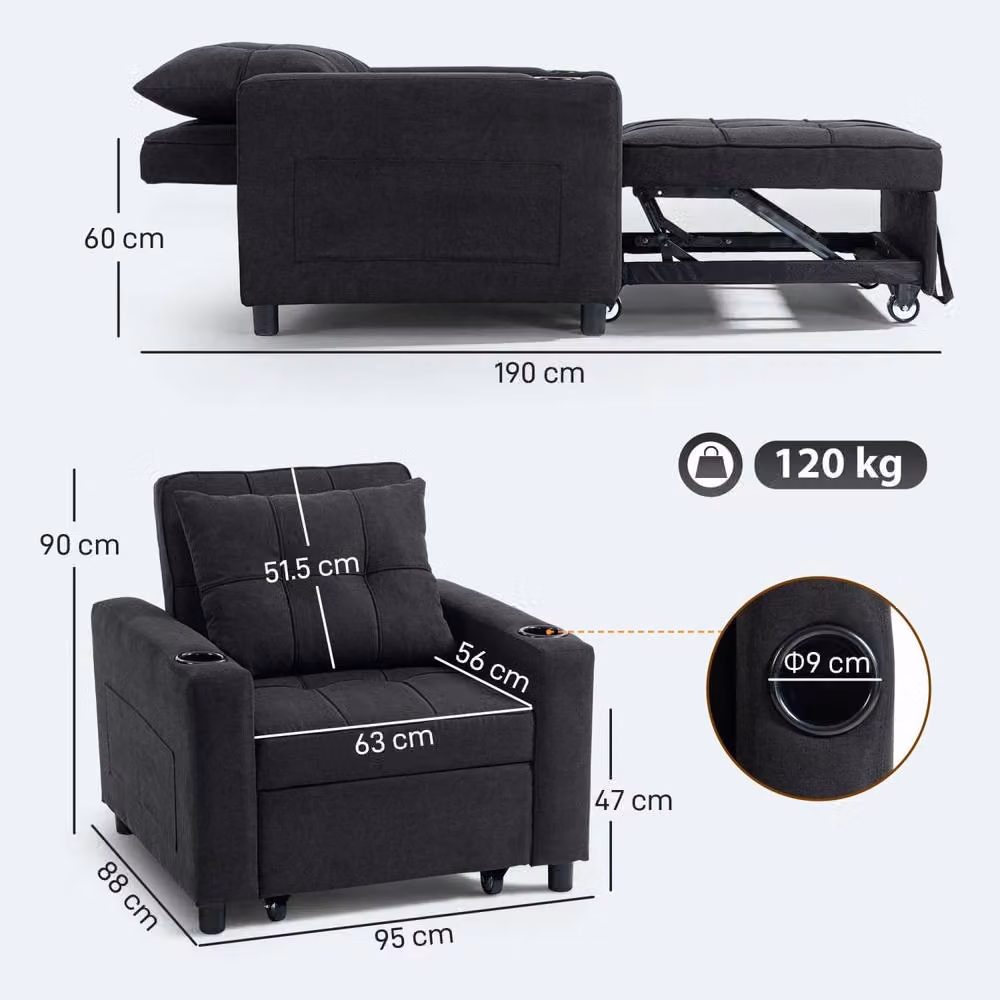 Wyld Haus Soliri Black 3 in 1 Convertible Single Sofa Bed with Tufted Cushion – 4