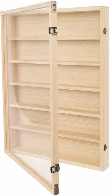 KORVIXA 6-Tier Natural Wooden Wall-Mounted Display Case with Glass Doors, Width: 100 cm