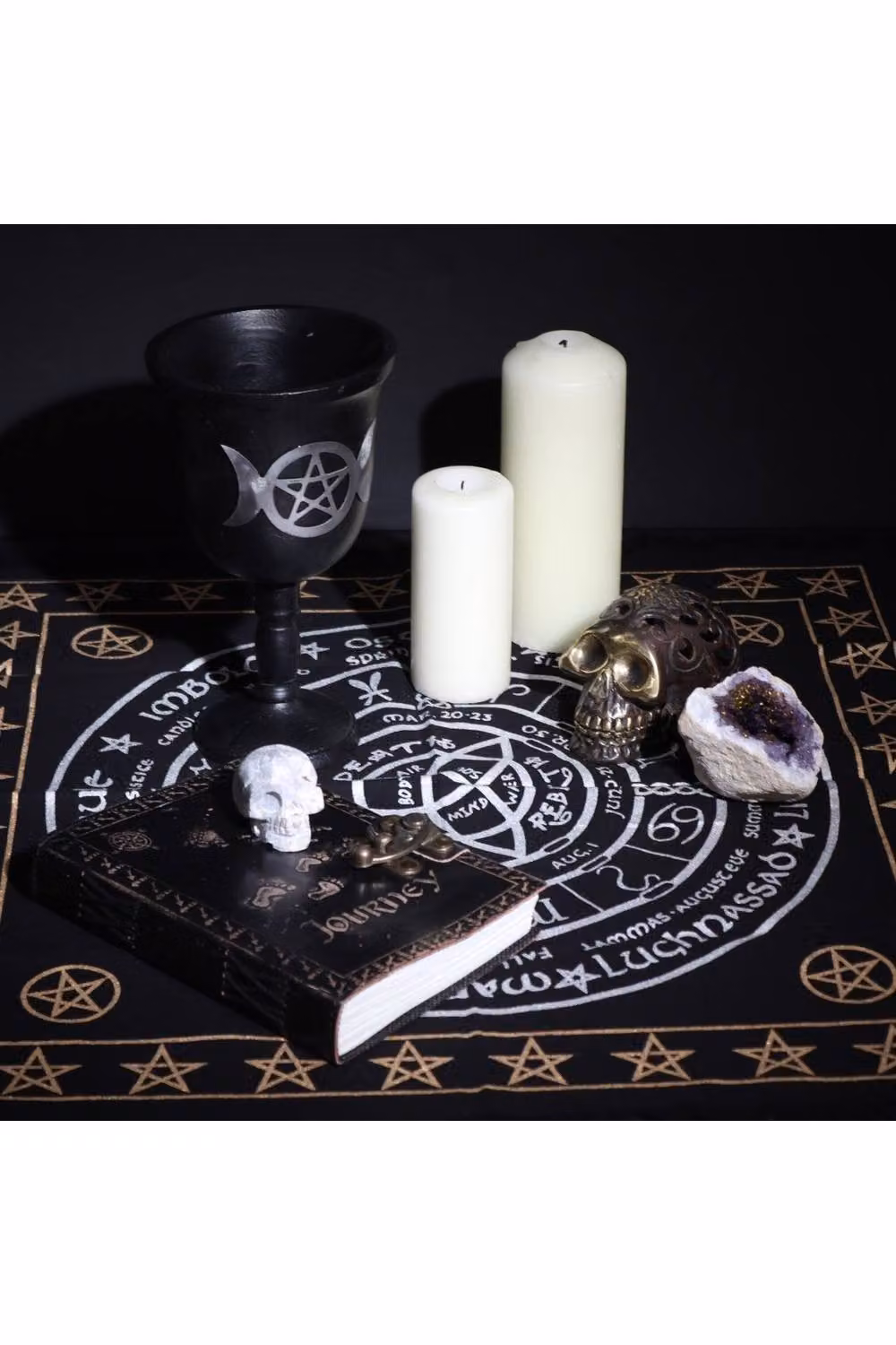 KDMD Esoteric Fringed Altar Cloth with Life Death Rebirth Design in Black – 3