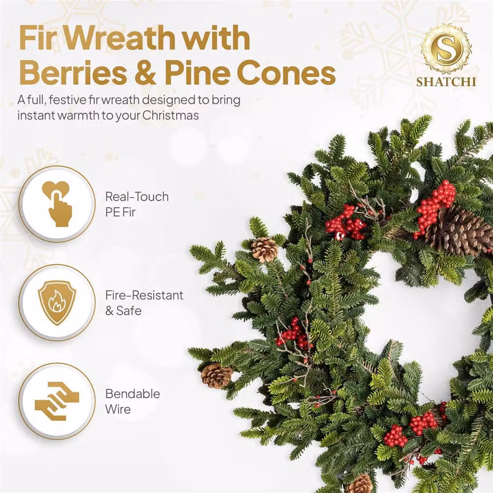 Shatchi Artificial Fir Christmas Wreath in Green and Red, Diameter: 60 cm – 3