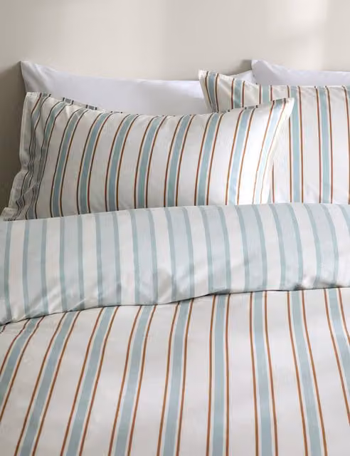 M&S Blue Mix Striped Cotton Rich Reversible Percale Bedding Set W: 140 cm, L: 200 cm