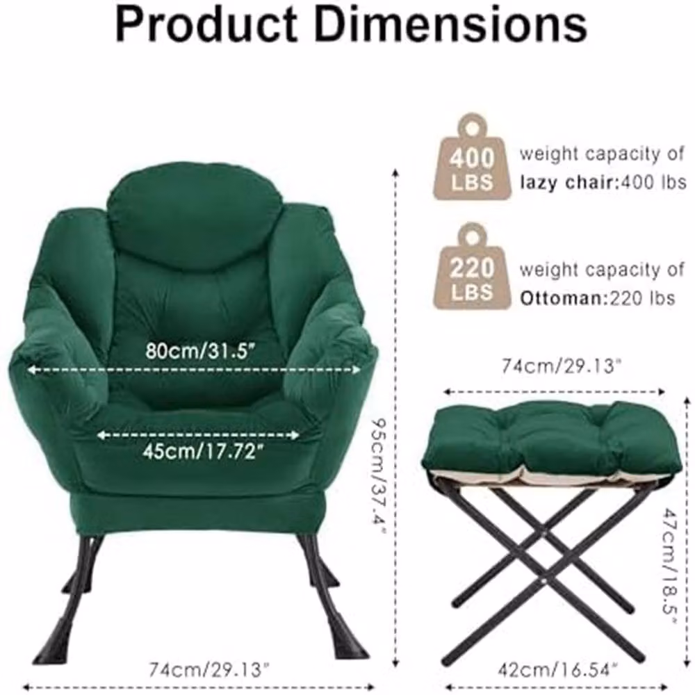 London Boutique Modern Green Velvet Lounge Chair Set with Ottoman and Side Pocket – 2
