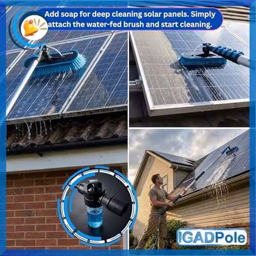 IGAD 17ft Telescopic Water-Fed Window Cleaning Pole Kit in Blue with Brush, Squeegee, Cobweb Duster and Soap Dispenser for Solar Panels, Conservatories and Gutters – 4