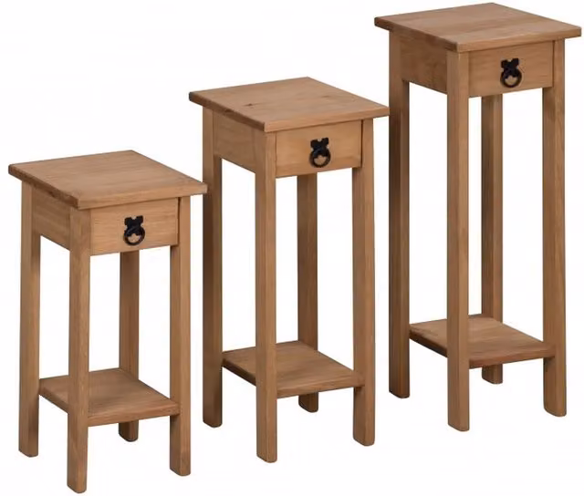 Mercers Furniture Corona Set of 3 Rustic Brown Waxed Pine and Metal Plant Stands H 73 cm x W 27 cm x D 25 cm