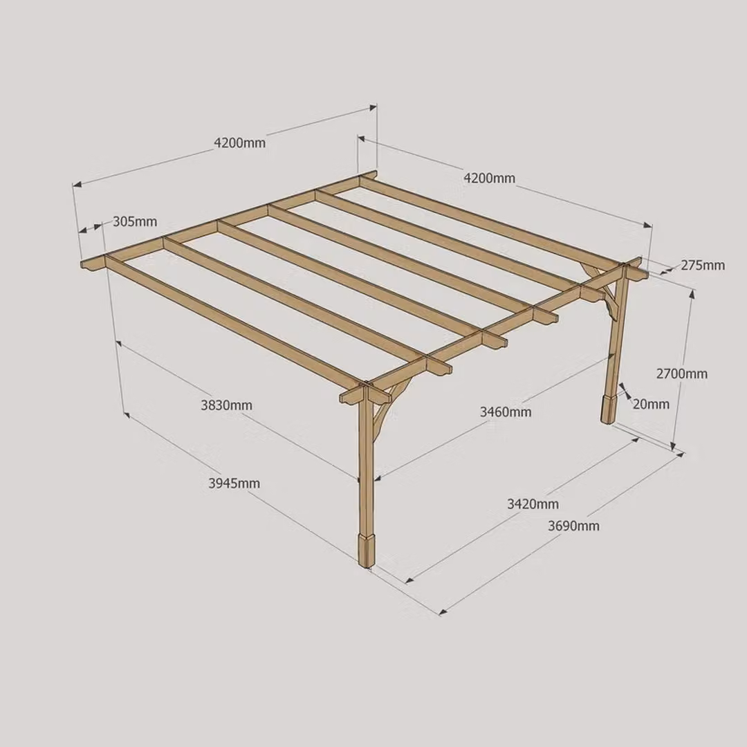 Rutland County Garden Furniture Ltd Wall Mounted Premium Lean-to Pergola in Rustic Brown Wood, W: 420 cm, D: 420 cm, H: 270 cm – 5