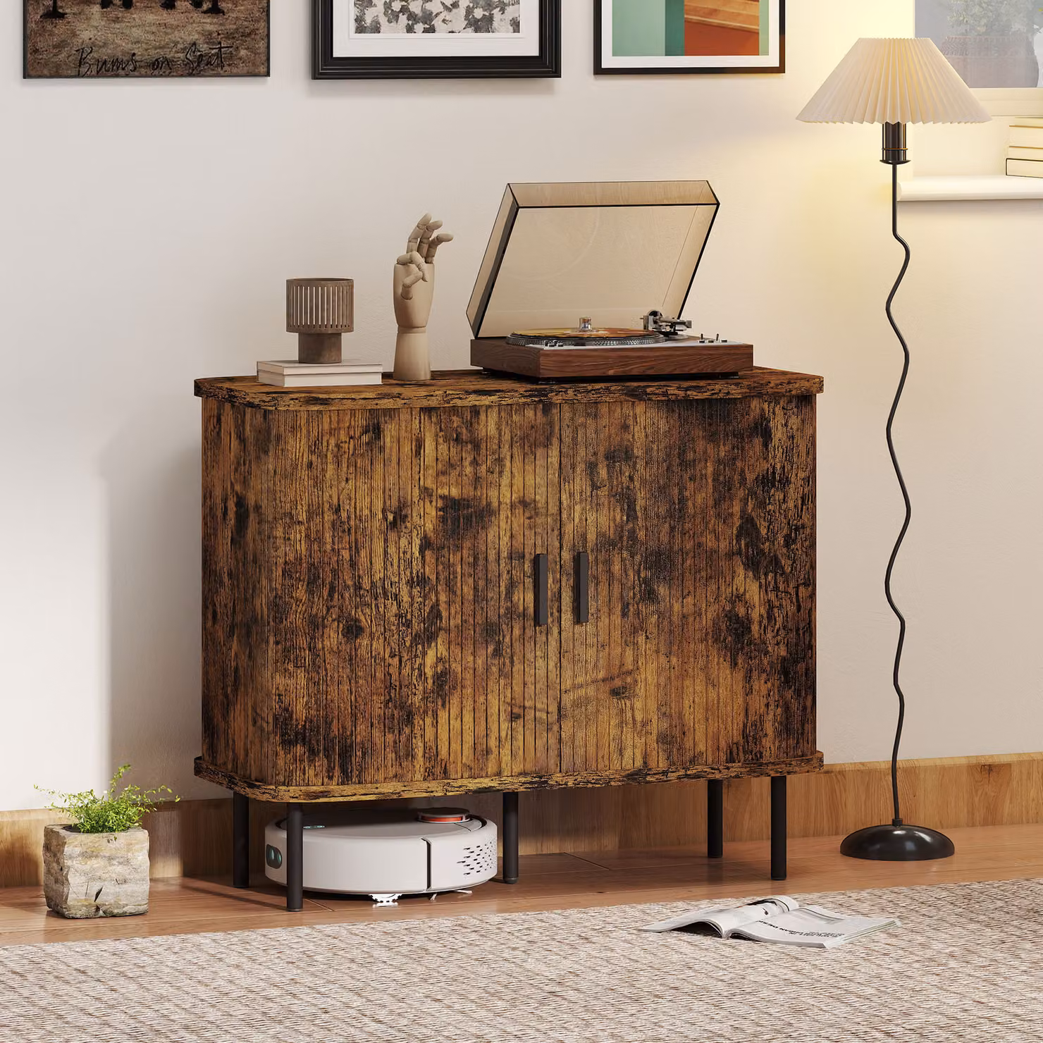 HOMCOM Mid-Century Modern Sideboard Storage Cabinet with Slatted Tambour Sliding Doors and Steel Legs in Rustic Brown and Black – 2