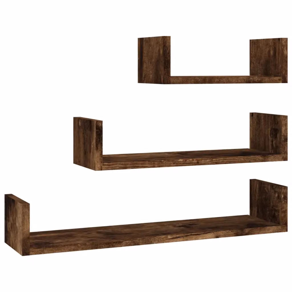 Berkfield Home Set of 3 Wall Mounted Display Shelves in Smoked Oak Brown – 2
