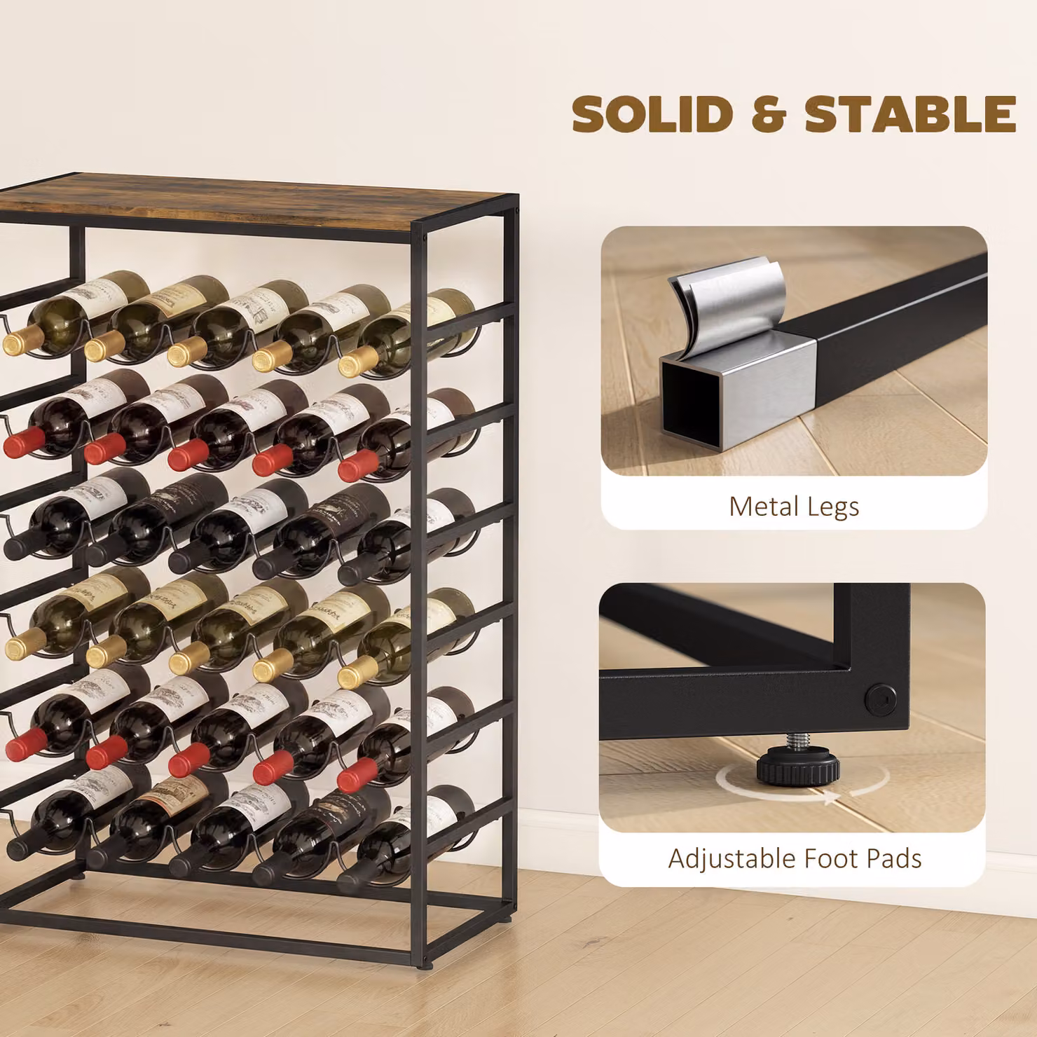 HOMCOM 6 Tier Freestanding Wine Rack for 30 Bottles with Wood Effect Tabletop in Rustic Brown and Black – 5