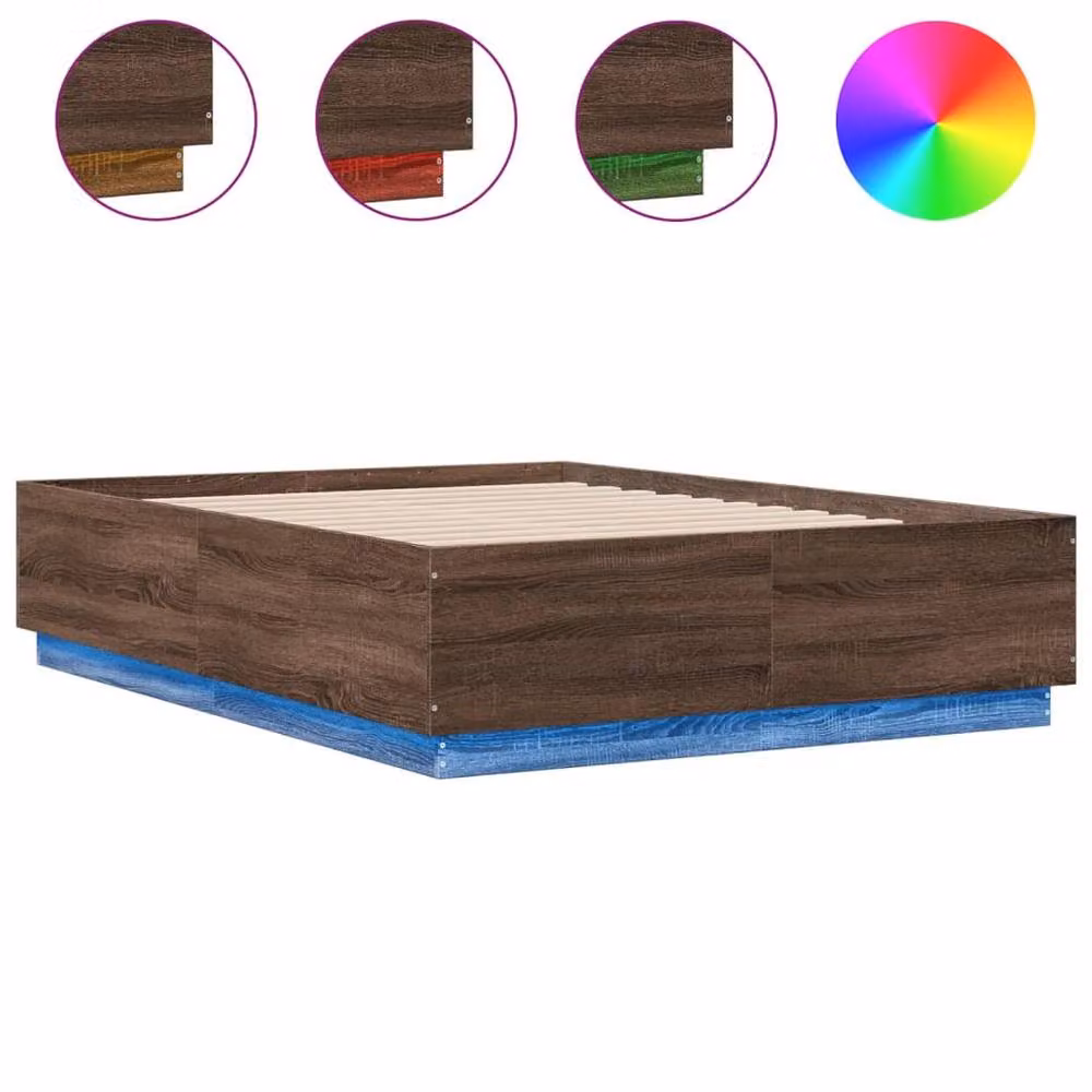Berkfield Home Durable Double Bed Frame with Under-Bed LED Lighting in Brown Oak, W/D/H: 135 x 190 x 40 cm – 3