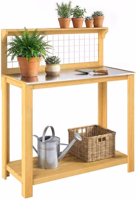 FORGEVIO Wooden Potting Bench Table with Aluminium Worktop in Brown and Multicolour, W/D/H: 119.0 x 100.0 cm – 1