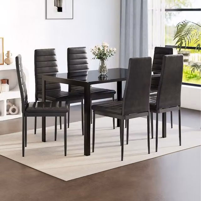 Komore Black Tempered Glass and Metal Rectangular Dining Table with 6 PU Leather Chairs Set