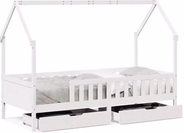 Berkfield Home Kids House Bed Frame with Drawers in White Solid Pine Wood, W/D/H: 90 x 200 cm