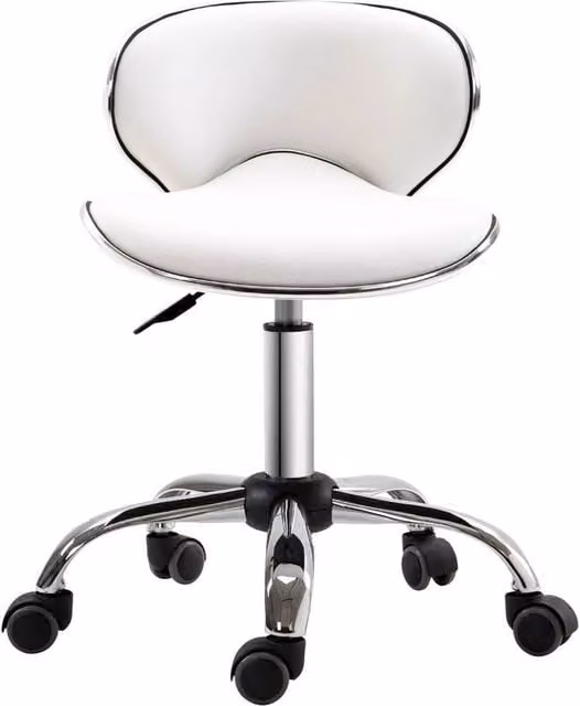 NESTLUNE White Rolling Technician Stool with Synthetic Leather Seat and 360 Degree Swivel, Height: 100 cm, Diameter: 15 cm