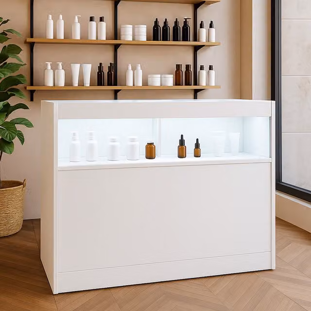 Monster Shop B1200 LED Shop Counter in White with Glass Doors and Integrated Lighting