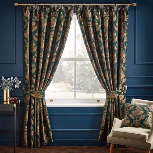 Paoletti Shiraz Emerald Green and Gold Floral Jacquard Pencil Pleat Curtains, W: 168 cm, H: 183 cm