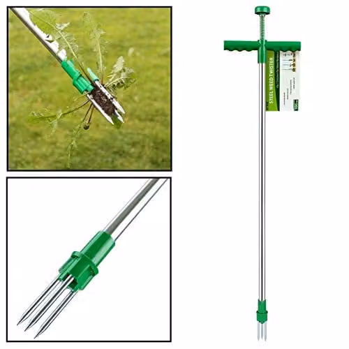 AMOS Silver Stand-Up Weed Puller Tool with Long Handle and 3 Claws, Manual Root Remover for Dandelions and Thistles, Height: 100 cm