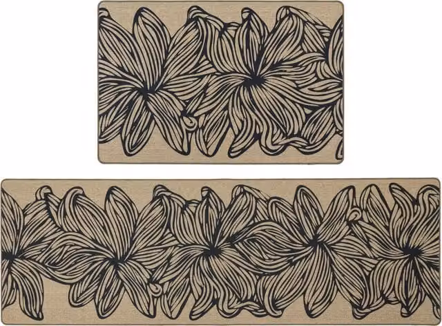 JVL Elegance Brown Floral Machine Washable Non-Slip Entrance Doormat and Runner Set