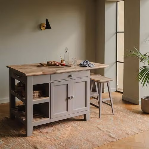 Statement Furniture Florence Kitchen Island with Cupboard, 2 Drawers and Shelves in Dove Grey, W: 150 cm, D: 90 cm, H: 91 cm – 1