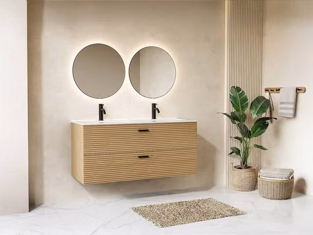 Vente-unique Striped Wall-Hung Vanity Unit with 2 Drawers in Light Oak, W/D/H: 120 x 46 x 55 cm