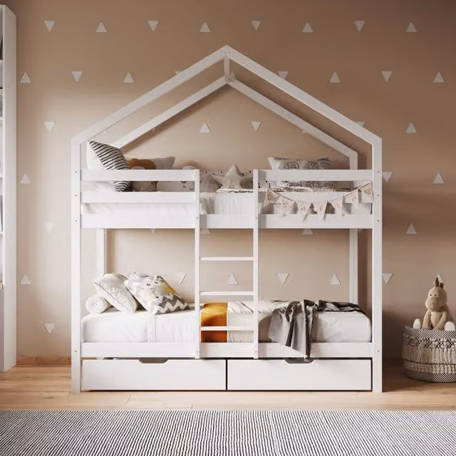 Flair Nest House Bunk Bed for Children in White and Grey Solid Wood
