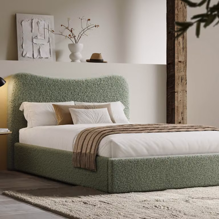 DHS Curved Headboard Ottoman Storage Bed in Sage Green Boucle, King Size (180 x 200 cm)