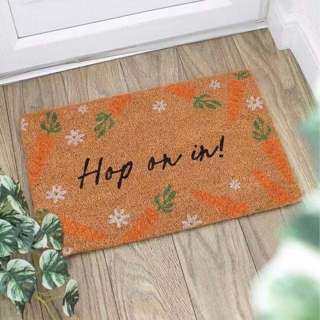 Kingsbury Gifts Natural Coir Hop on In Rectangular Doormat, Brown Floral Design